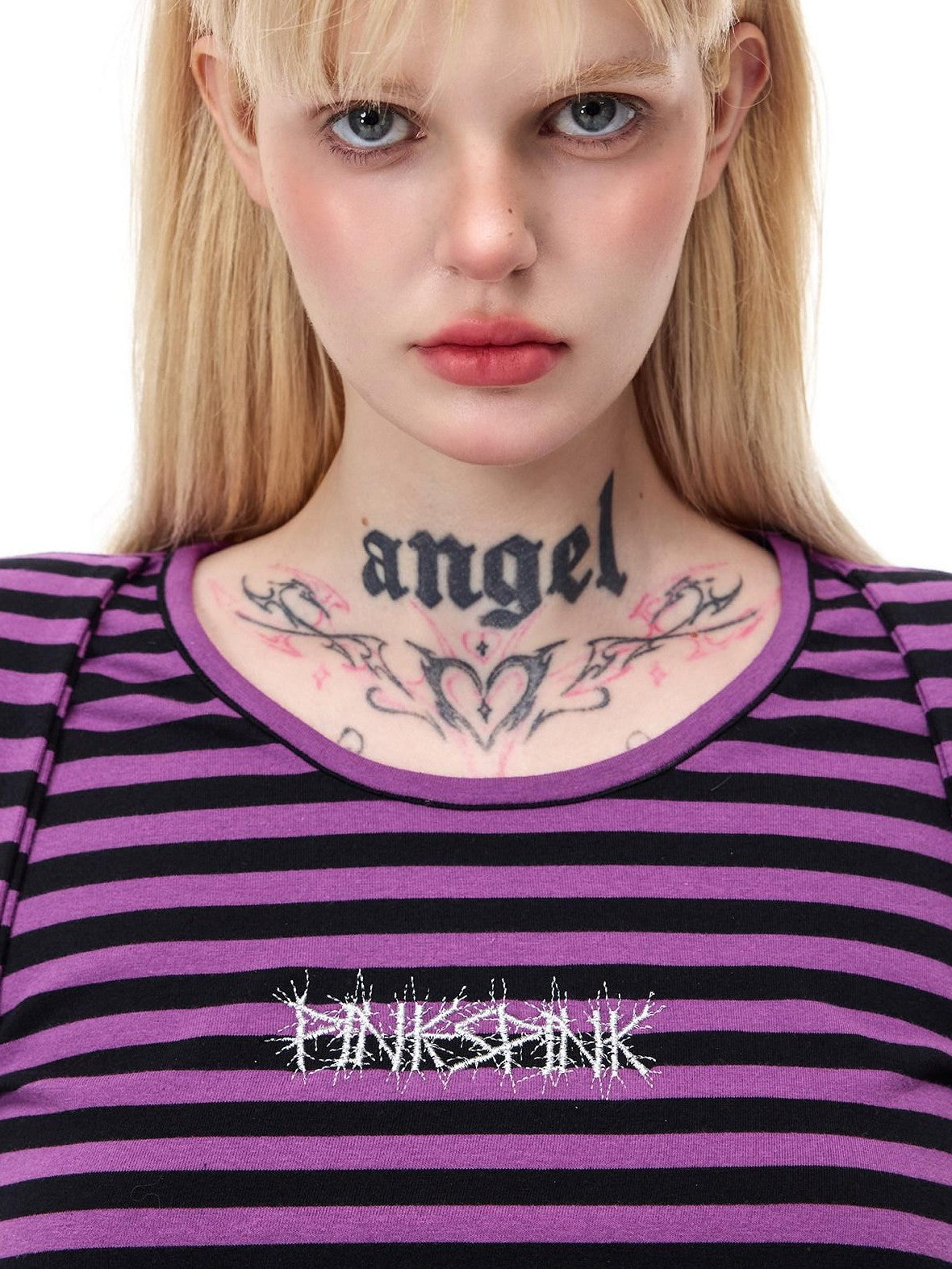 PINKSPINK Purple Striped Riveted Punk Slim Cropped Women's Cotton Long Sleeve T-shirts