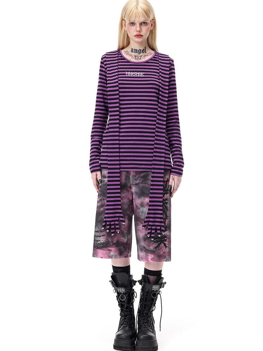 PINKSPINK Purple Striped Riveted Punk Slim Cropped Women's Cotton Long Sleeve T-shirts