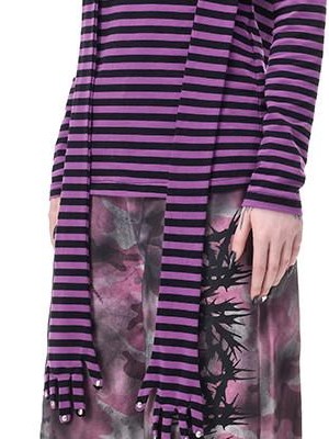 PINKSPINK Purple Striped Riveted Punk Slim Cropped Women's Cotton Long Sleeve T-shirts