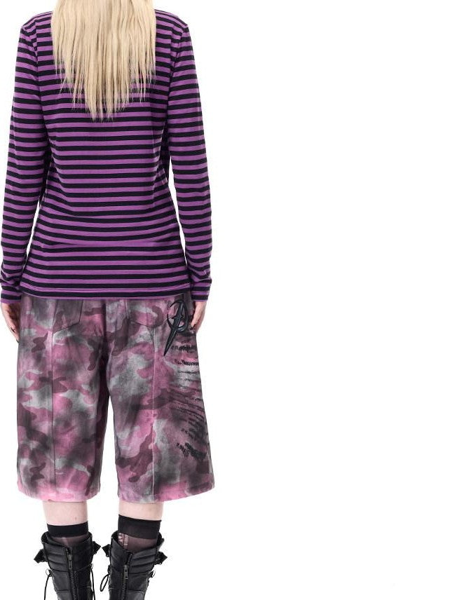 PINKSPINK Purple Striped Riveted Punk Slim Cropped Women's Cotton Long Sleeve T-shirts
