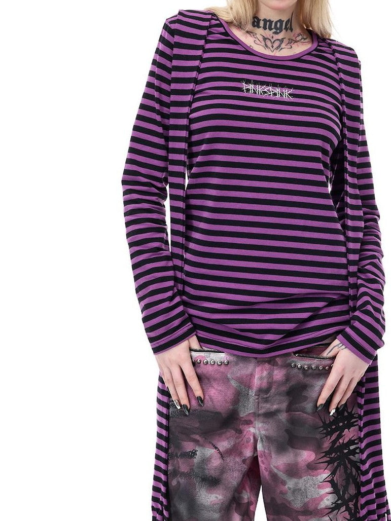 PINKSPINK Purple Striped Riveted Punk Slim Cropped Women's Cotton Long Sleeve T-shirts