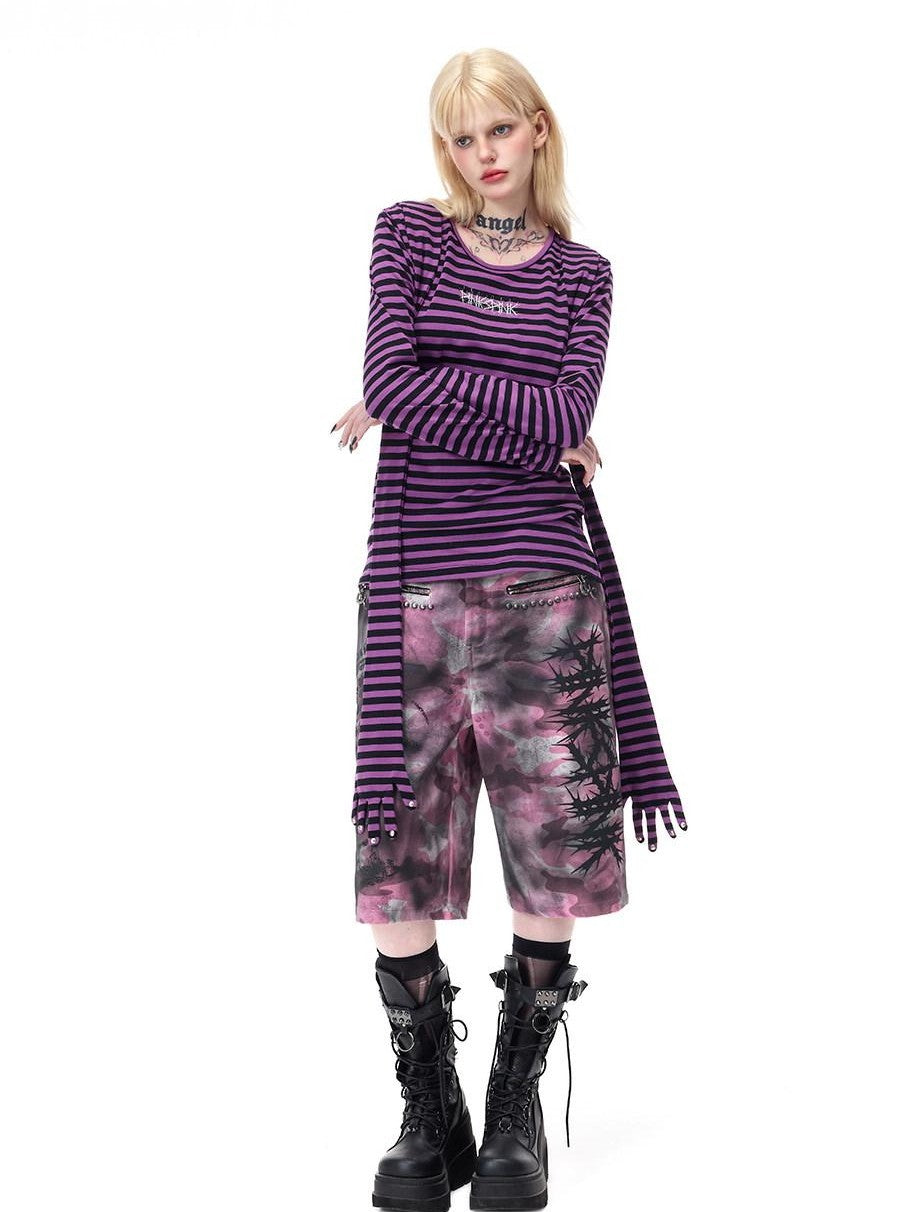 PINKSPINK Purple Striped Riveted Punk Slim Cropped Women's Cotton Long Sleeve T-shirts