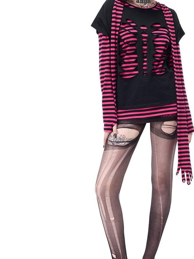 PINKSPINK Purple Striped Riveted Punk Slim Cropped Women's Cotton Long Sleeve T-shirts