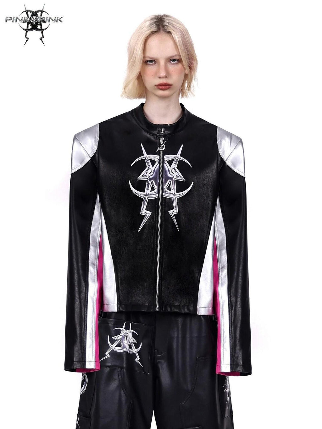 PINKSPINK Racer Patchwork Shoulder Pads Women's Washed Synthetic Leather Jackets