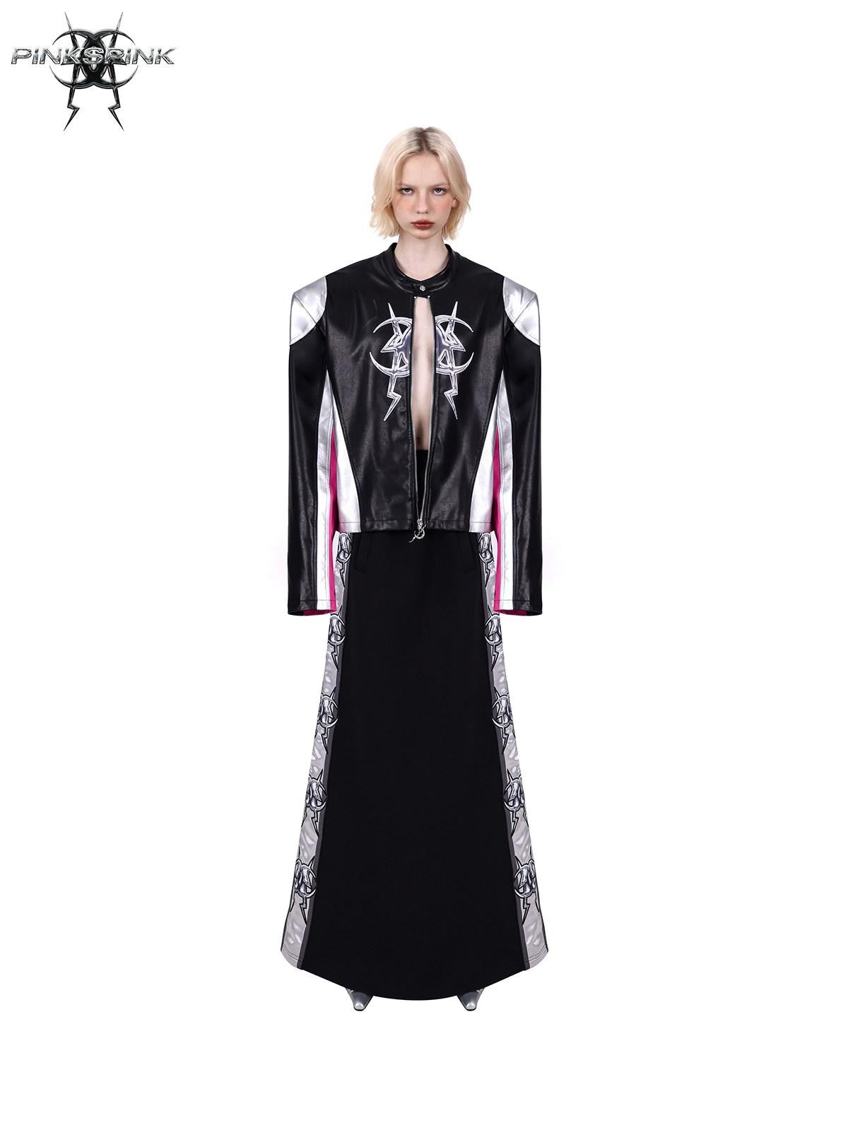 PINKSPINK Racer Patchwork Shoulder Pads Women's Washed Synthetic Leather Jackets