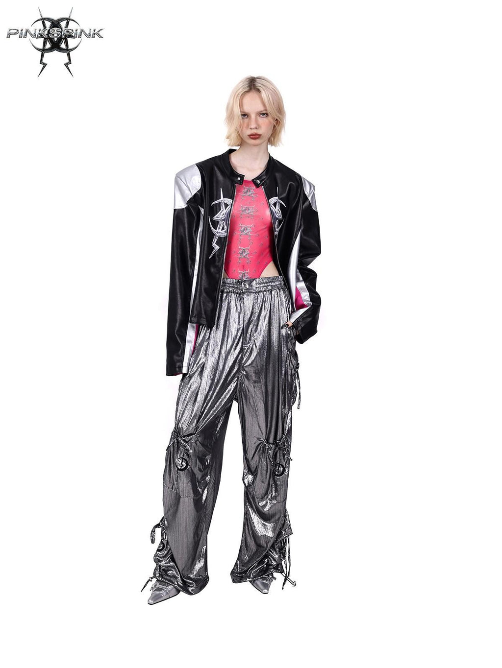 PINKSPINK Racer Patchwork Shoulder Pads Women's Washed Synthetic Leather Jackets