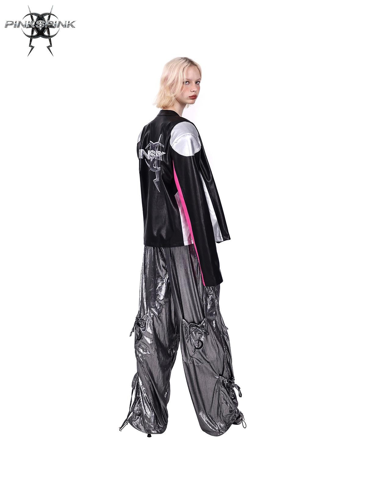 PINKSPINK Racer Patchwork Shoulder Pads Women's Washed Synthetic Leather Jackets