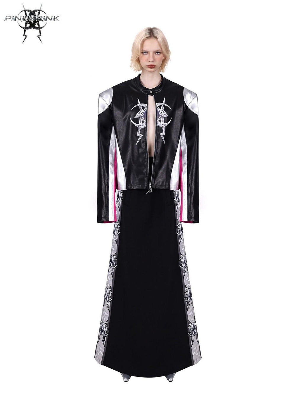 PINKSPINK Racer Patchwork Shoulder Pads Women's Washed Synthetic Leather Jackets