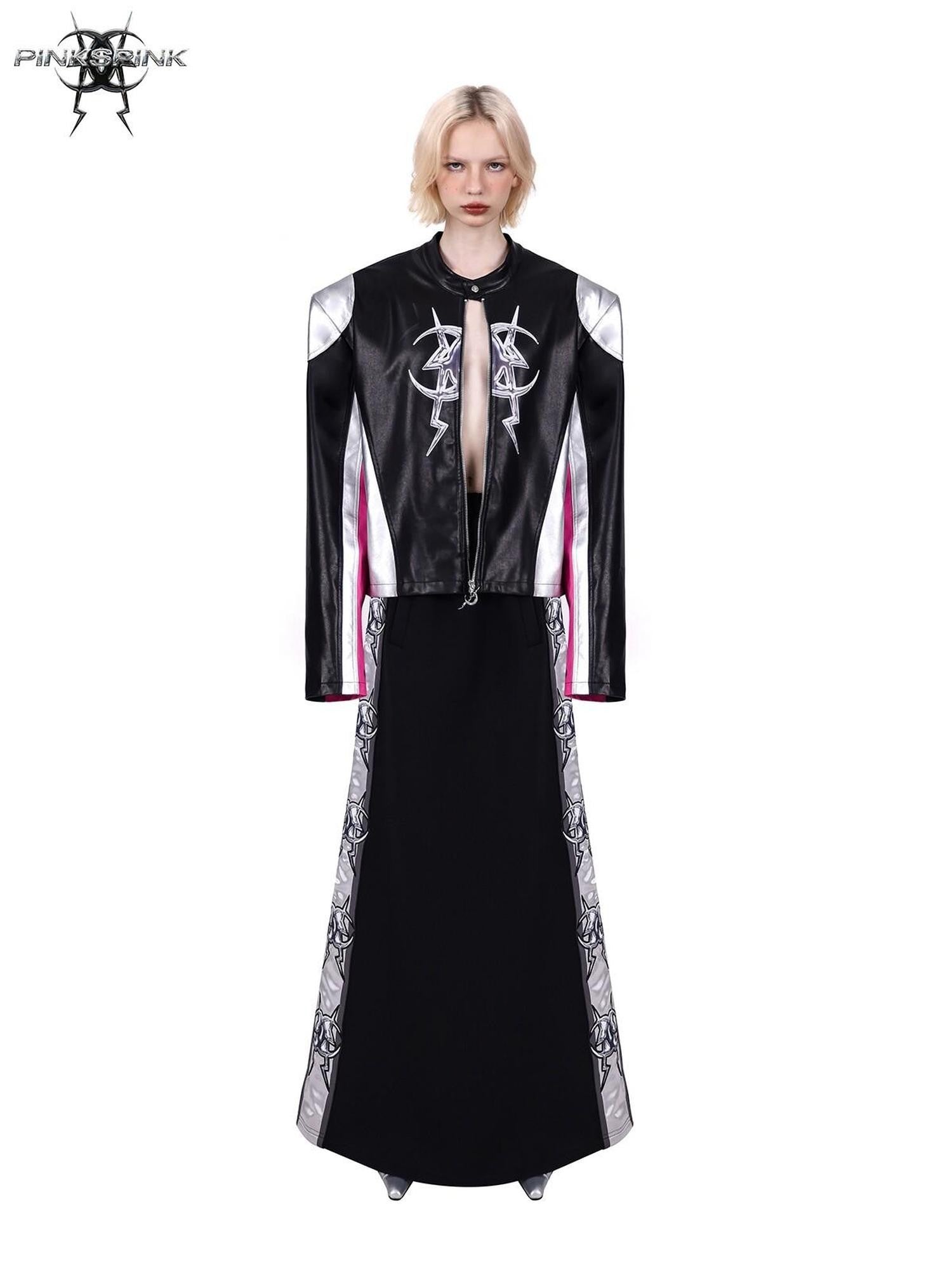 PINKSPINK Racer Patchwork Shoulder Pads Women's Washed Synthetic Leather Jackets