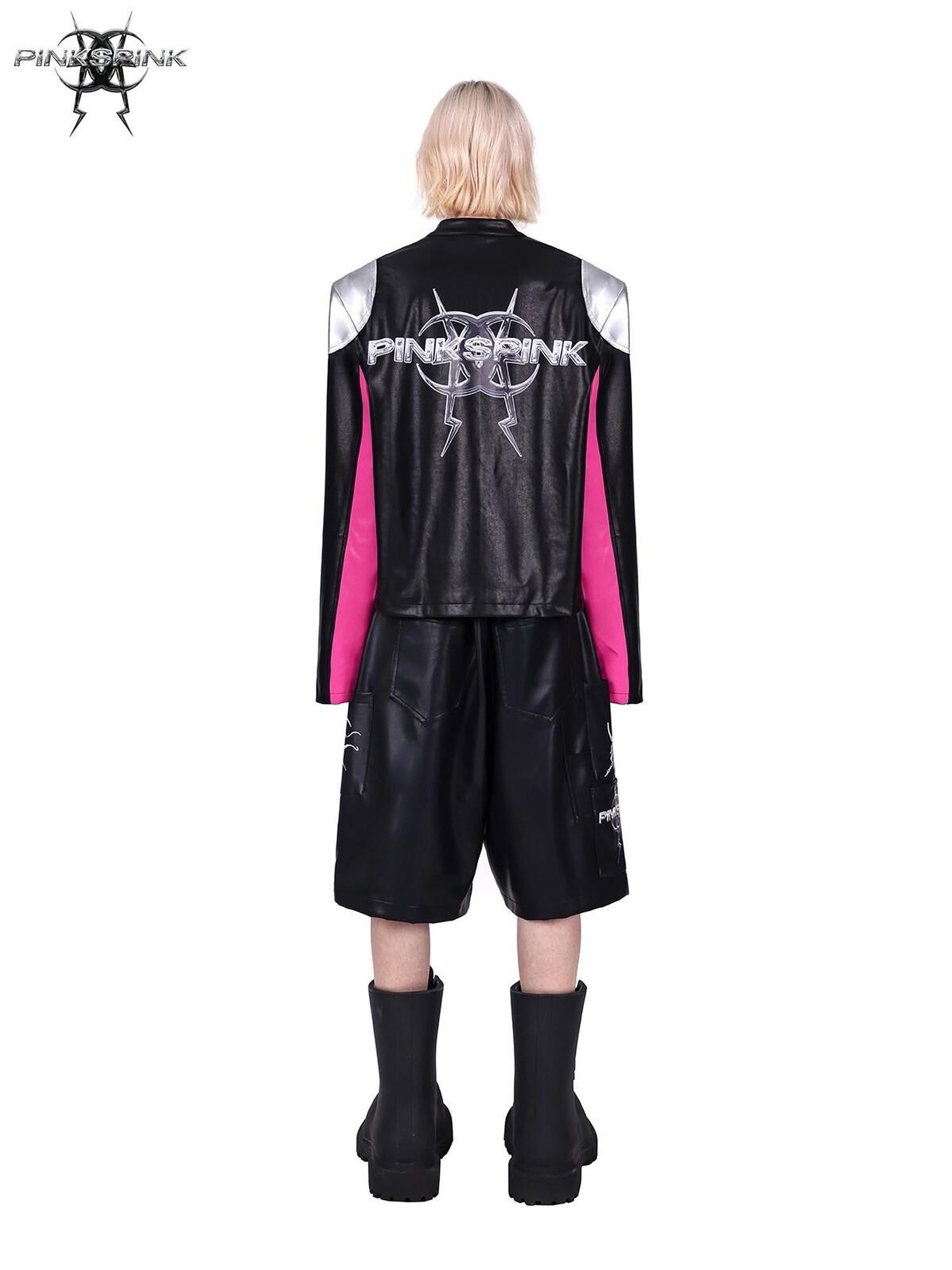 PINKSPINK Racer Patchwork Shoulder Pads Women's Washed Synthetic Leather Jackets