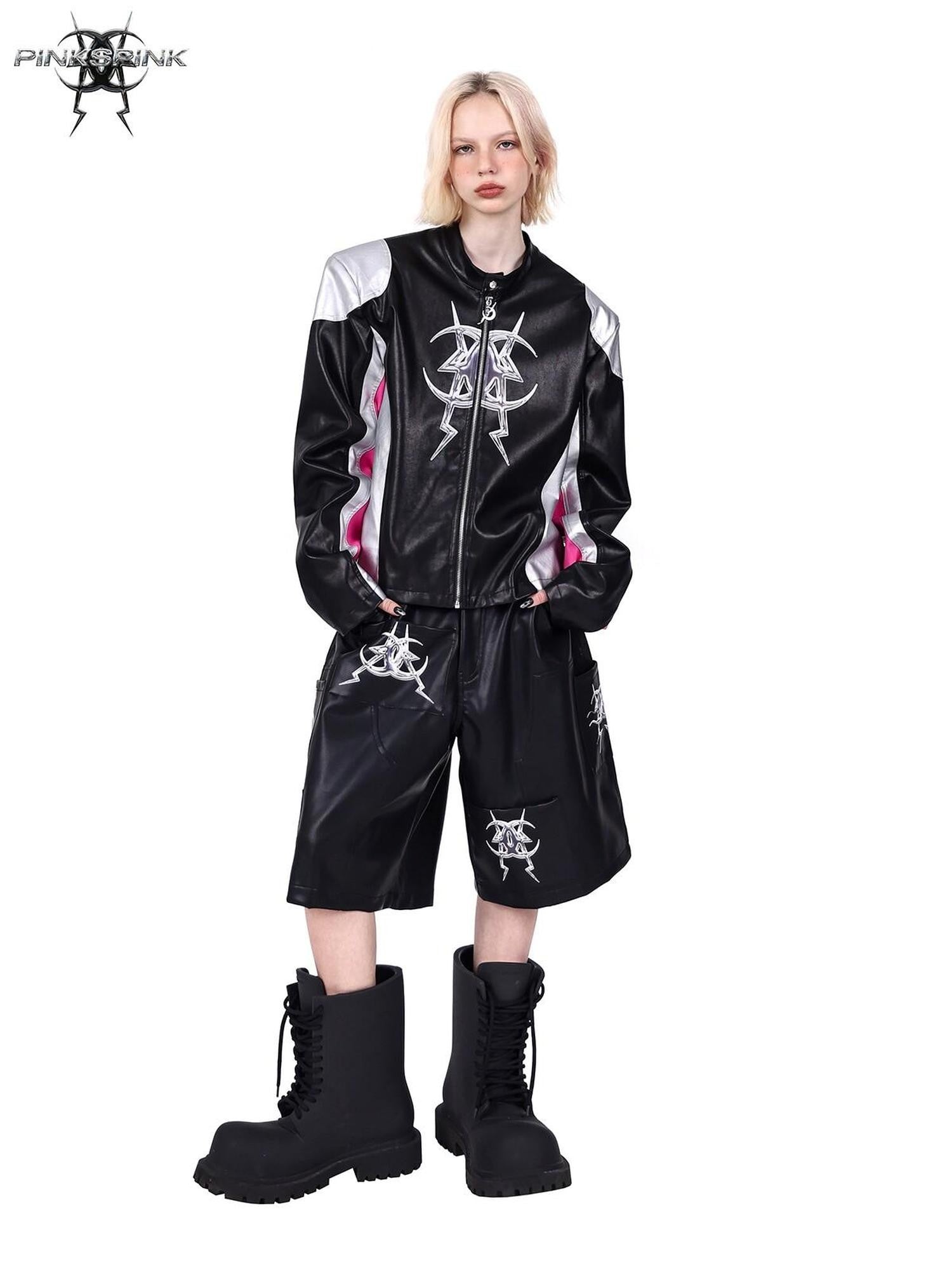 PINKSPINK Racer Patchwork Shoulder Pads Women's Washed Synthetic Leather Jackets