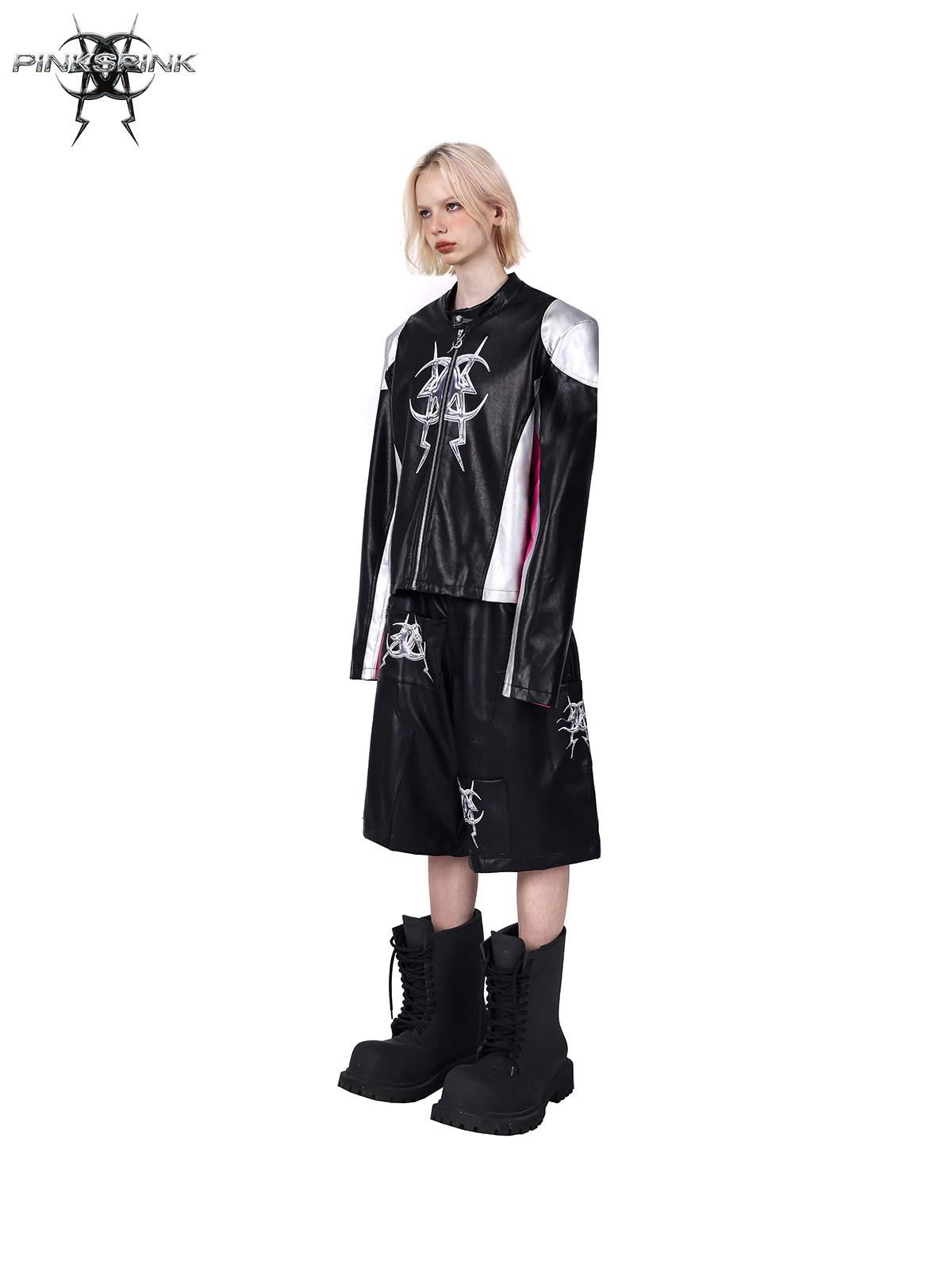 PINKSPINK Racer Patchwork Shoulder Pads Women's Washed Synthetic Leather Jackets