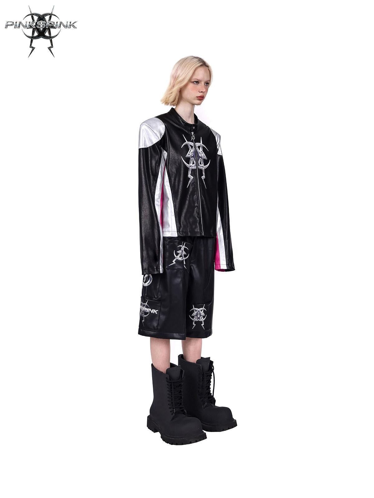 PINKSPINK Racer Patchwork Shoulder Pads Women's Washed Synthetic Leather Jackets