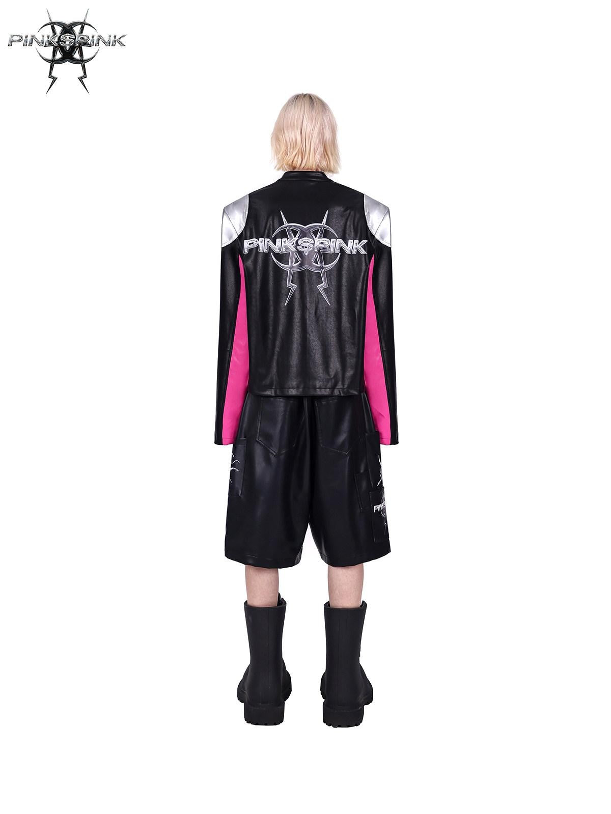 PINKSPINK Racer Patchwork Shoulder Pads Women's Washed Synthetic Leather Jackets