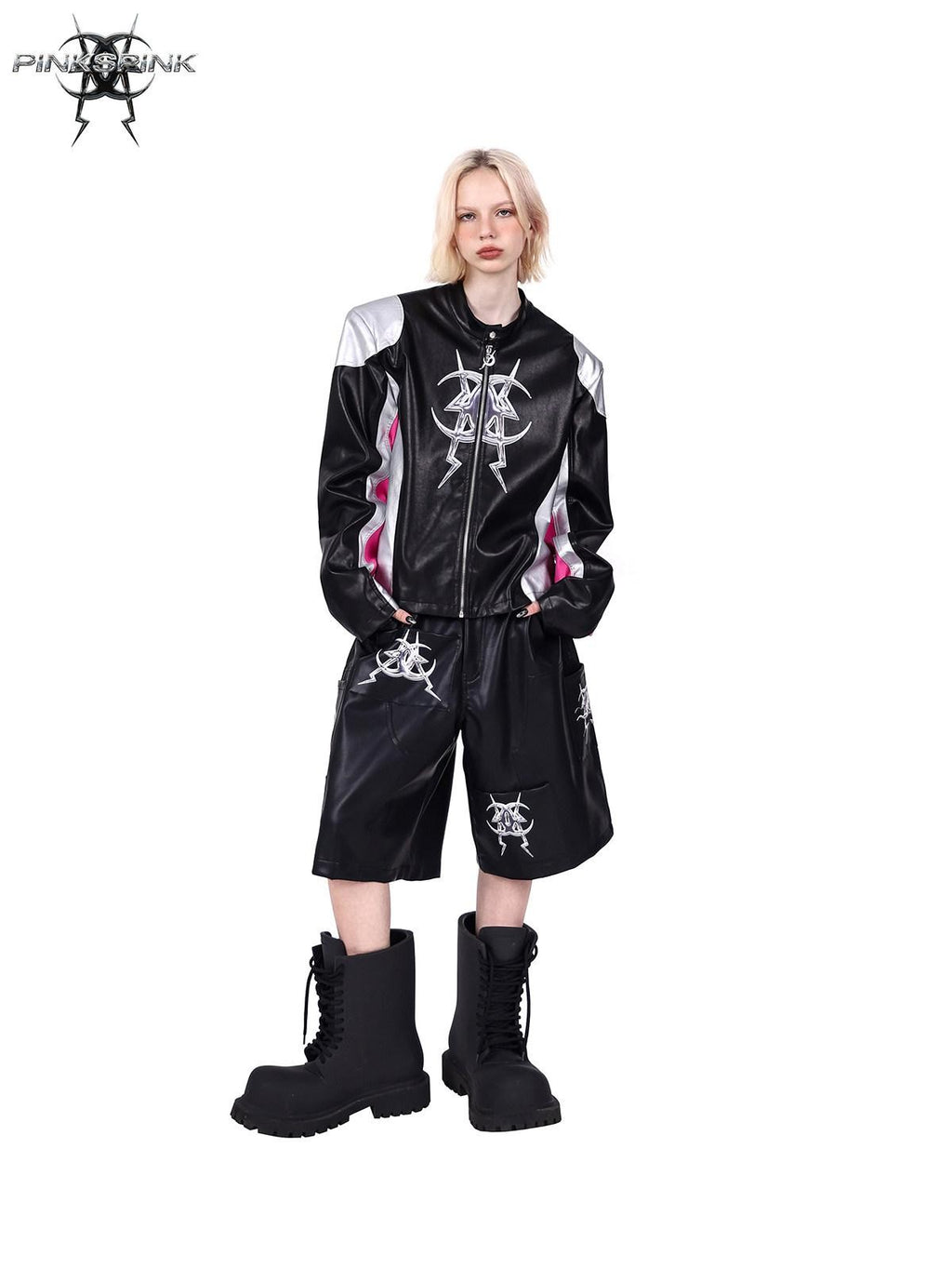 PINKSPINK Racer Patchwork Shoulder Pads Women's Washed Synthetic Leather Jackets