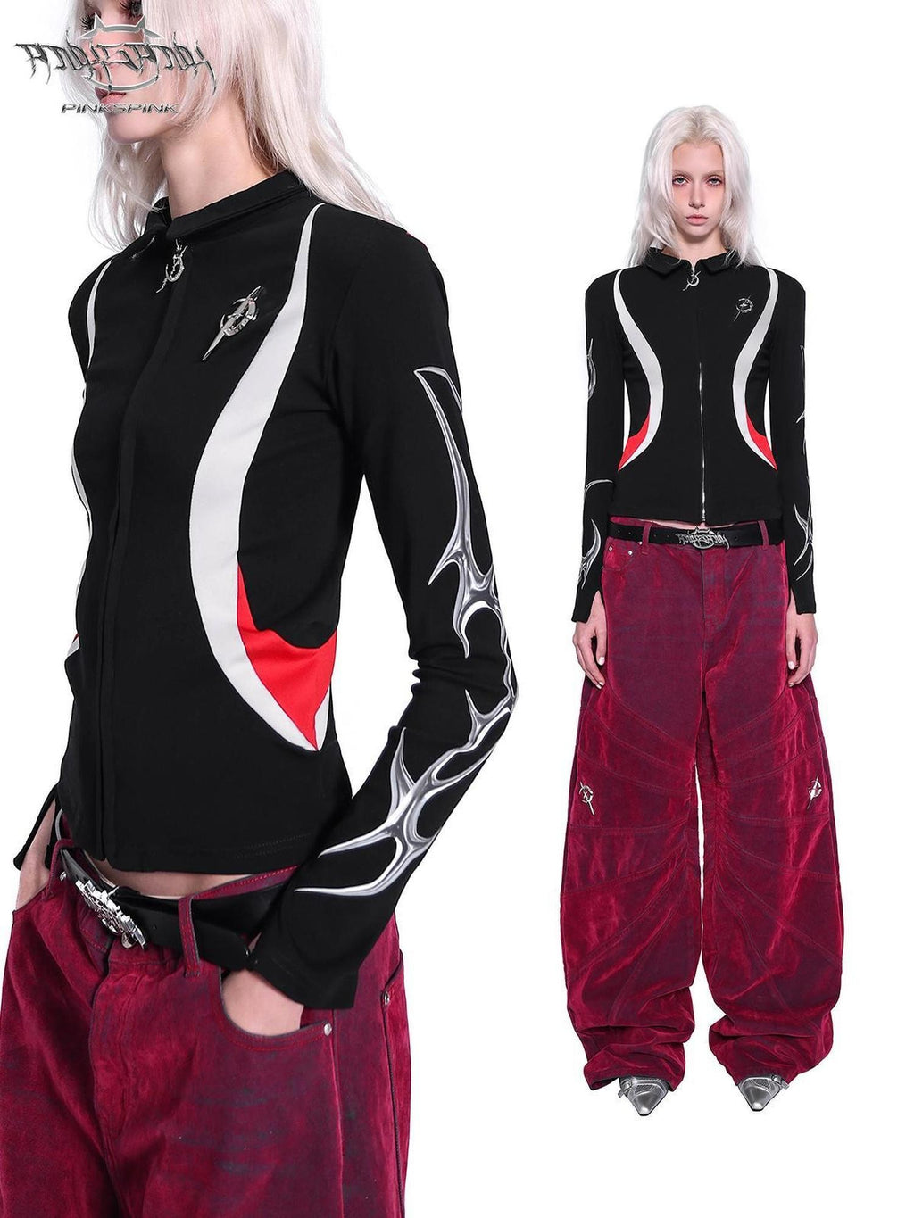 PINKSPINK Racing Stripe Splice Zipper Polo Collar Women's Cotton Slim Stretch Cardigans