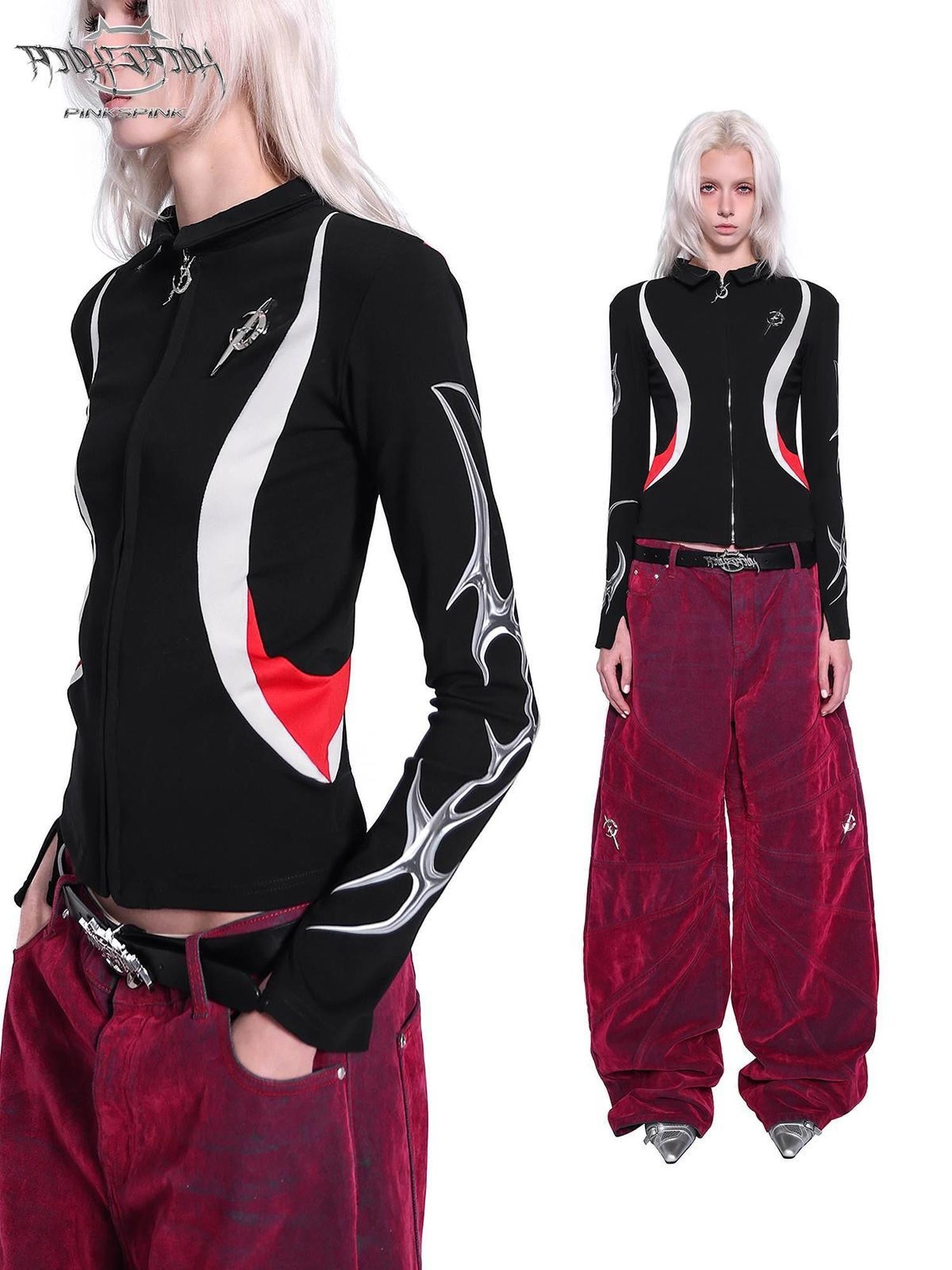 PINKSPINK Racing Stripe Splice Zipper Polo Collar Women's Cotton Slim Stretch Cardigans