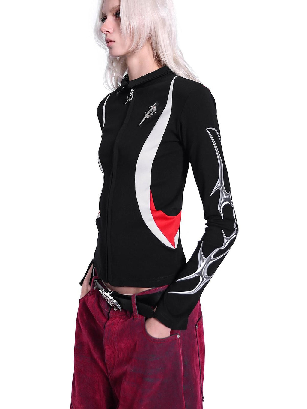 PINKSPINK Racing Stripe Splice Zipper Polo Collar Women's Cotton Slim Stretch Cardigans