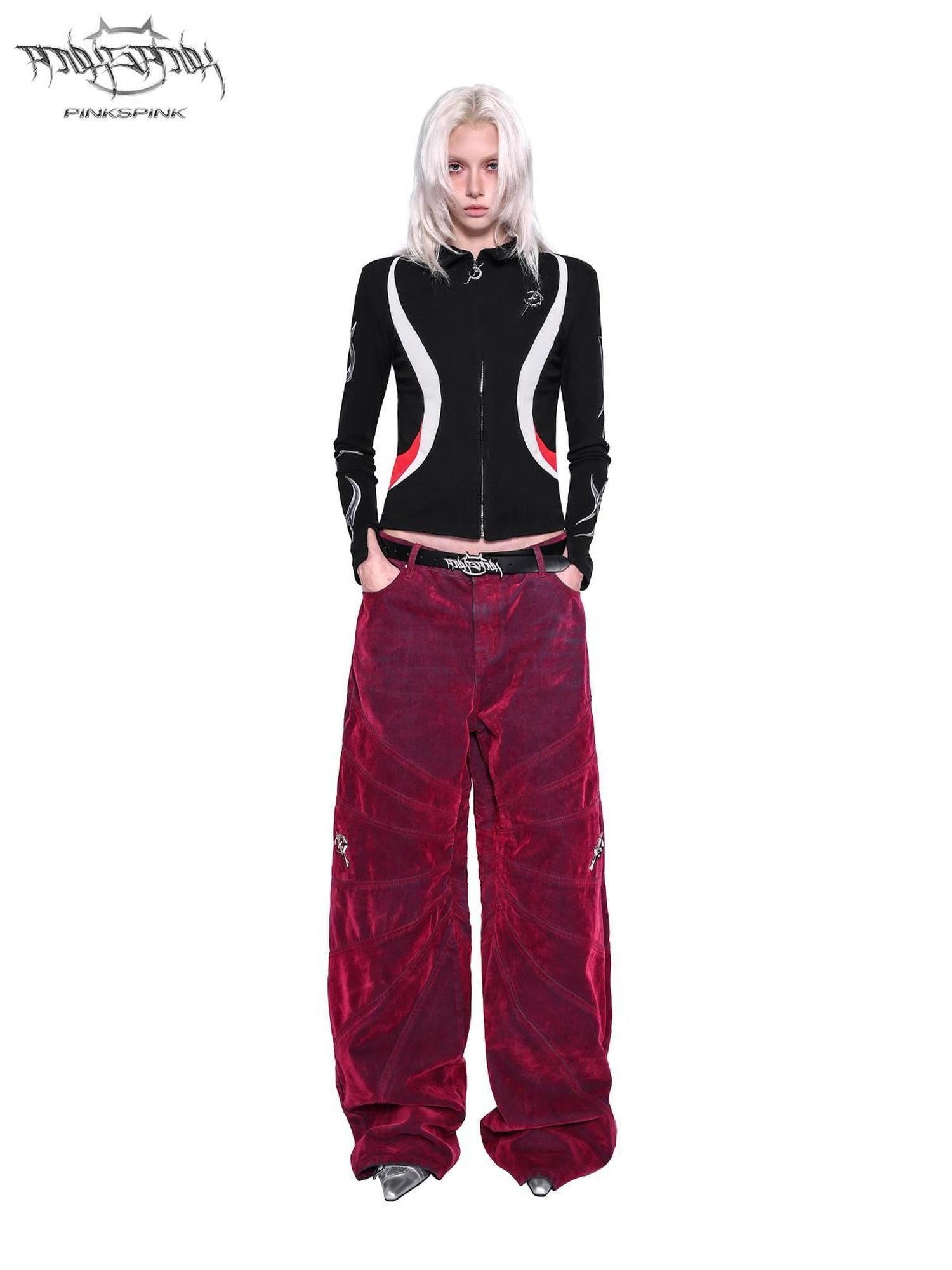 PINKSPINK Racing Stripe Splice Zipper Polo Collar Women's Cotton Slim Stretch Cardigans