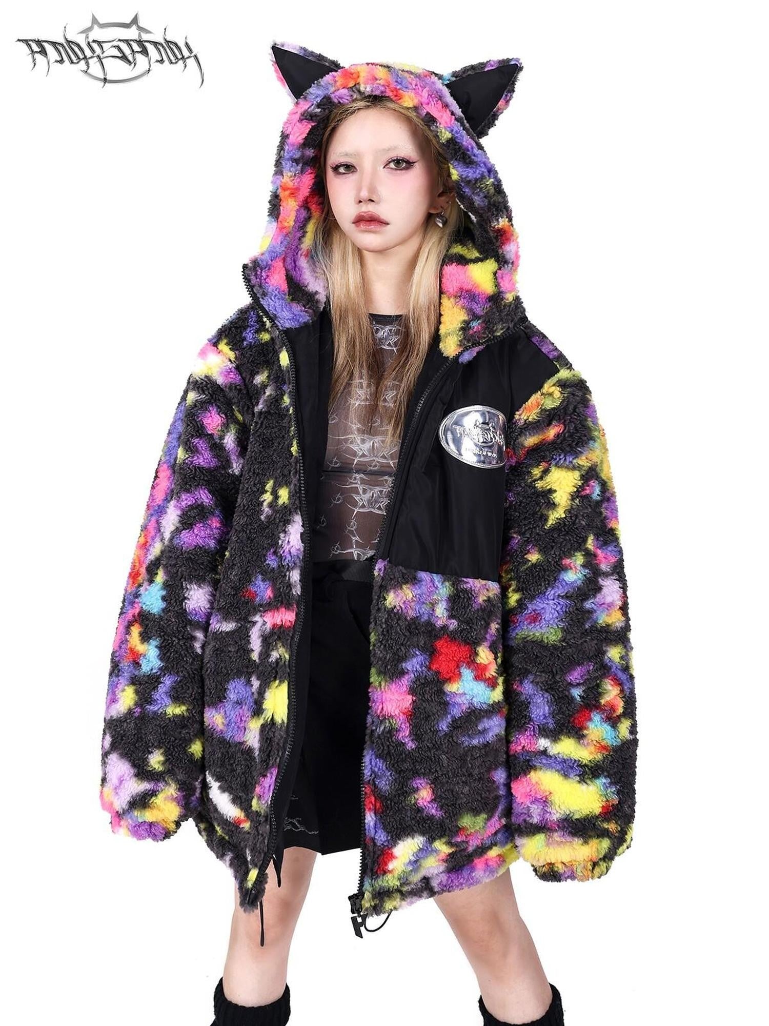PINKSPINK Rainbow Cat Ear Hooded Abstract Oversized Women's Sherpa Puffer Jackets