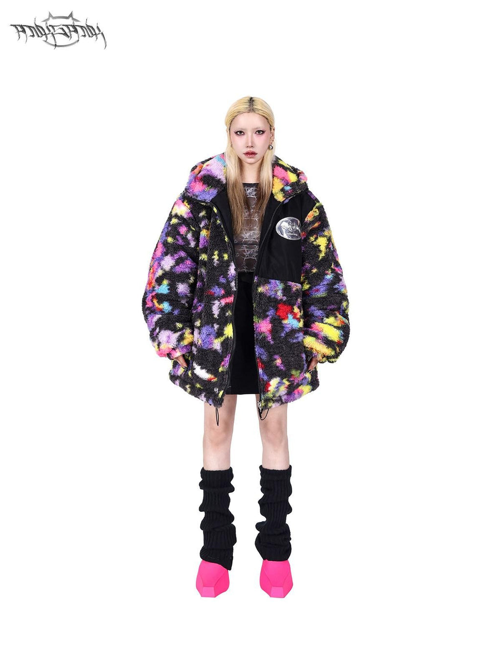 PINKSPINK Rainbow Cat Ear Hooded Abstract Oversized Women's Sherpa Puffer Jackets