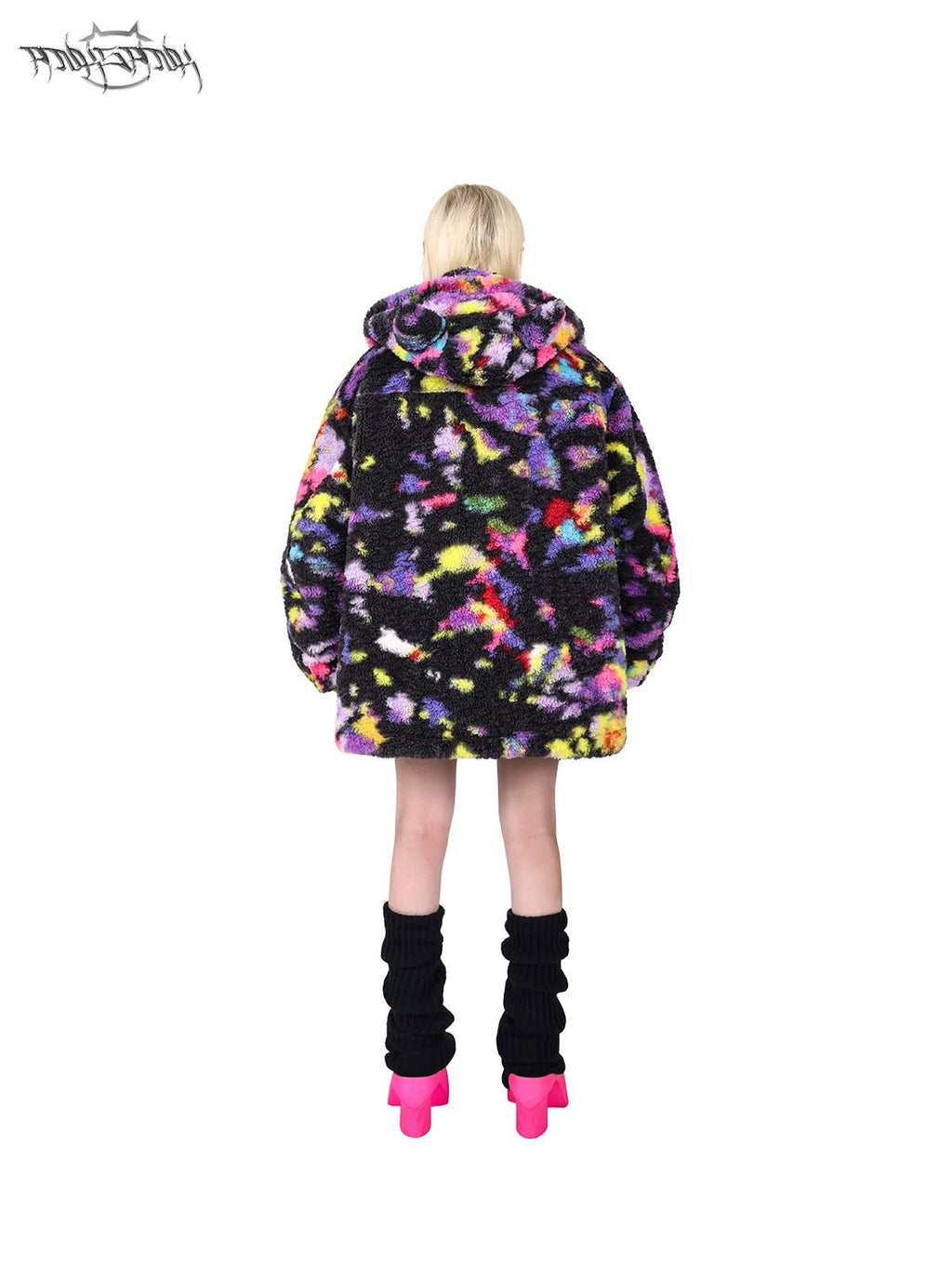 PINKSPINK Rainbow Cat Ear Hooded Abstract Oversized Women's Sherpa Puffer Jackets