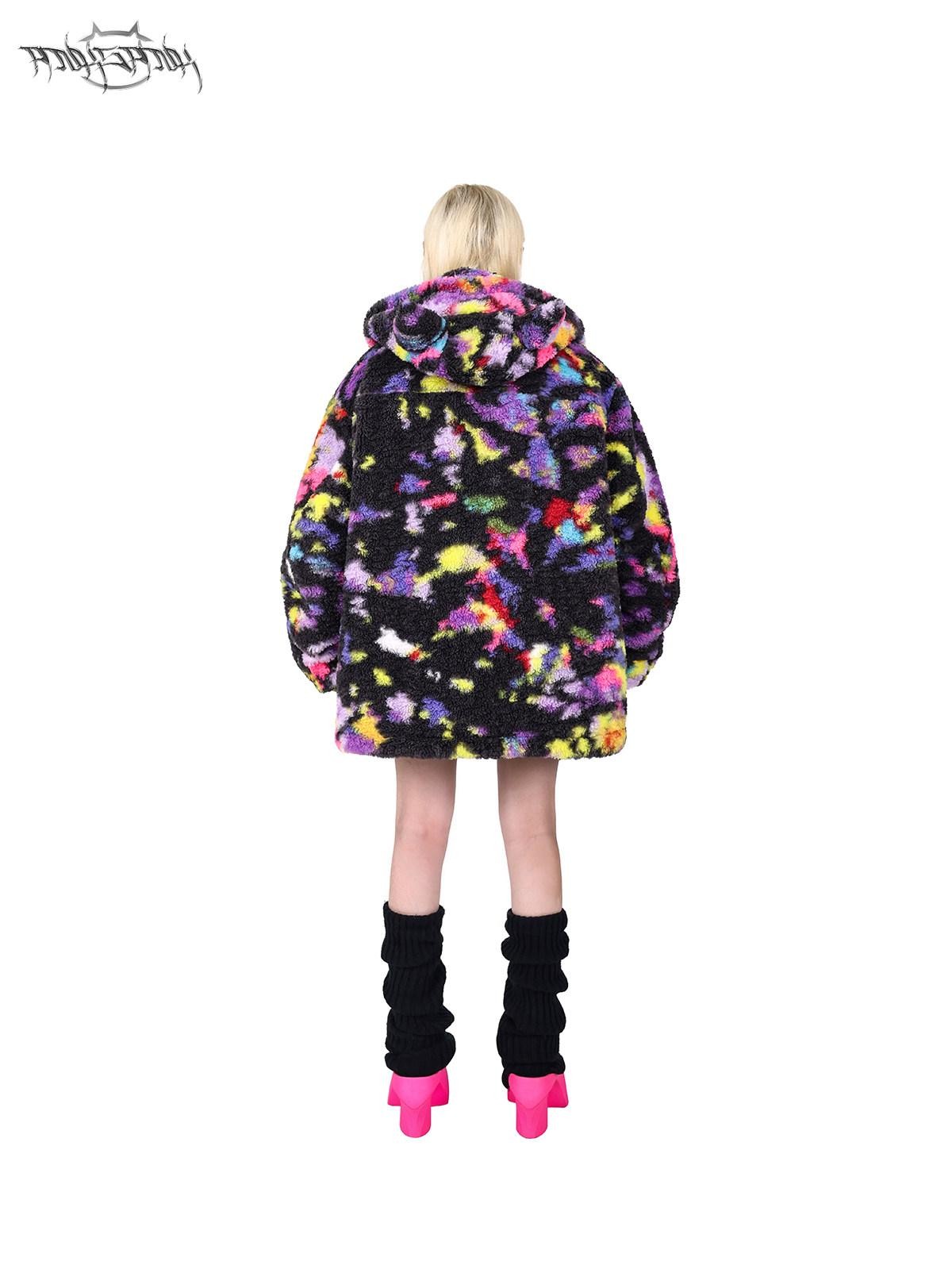 PINKSPINK Rainbow Cat Ear Hooded Abstract Oversized Women's Sherpa Puffer Jackets