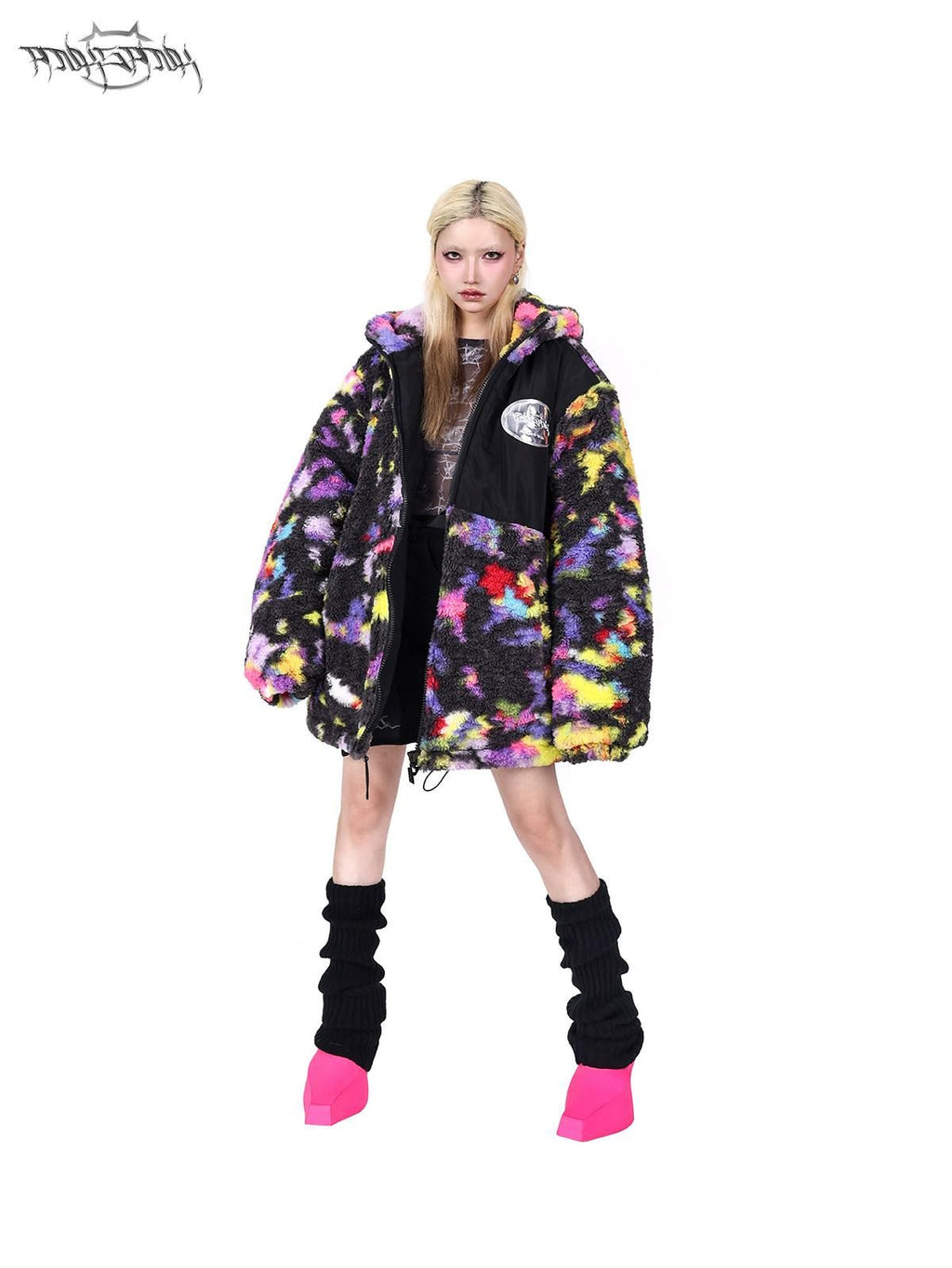PINKSPINK Rainbow Cat Ear Hooded Abstract Oversized Women's Sherpa Puffer Jackets