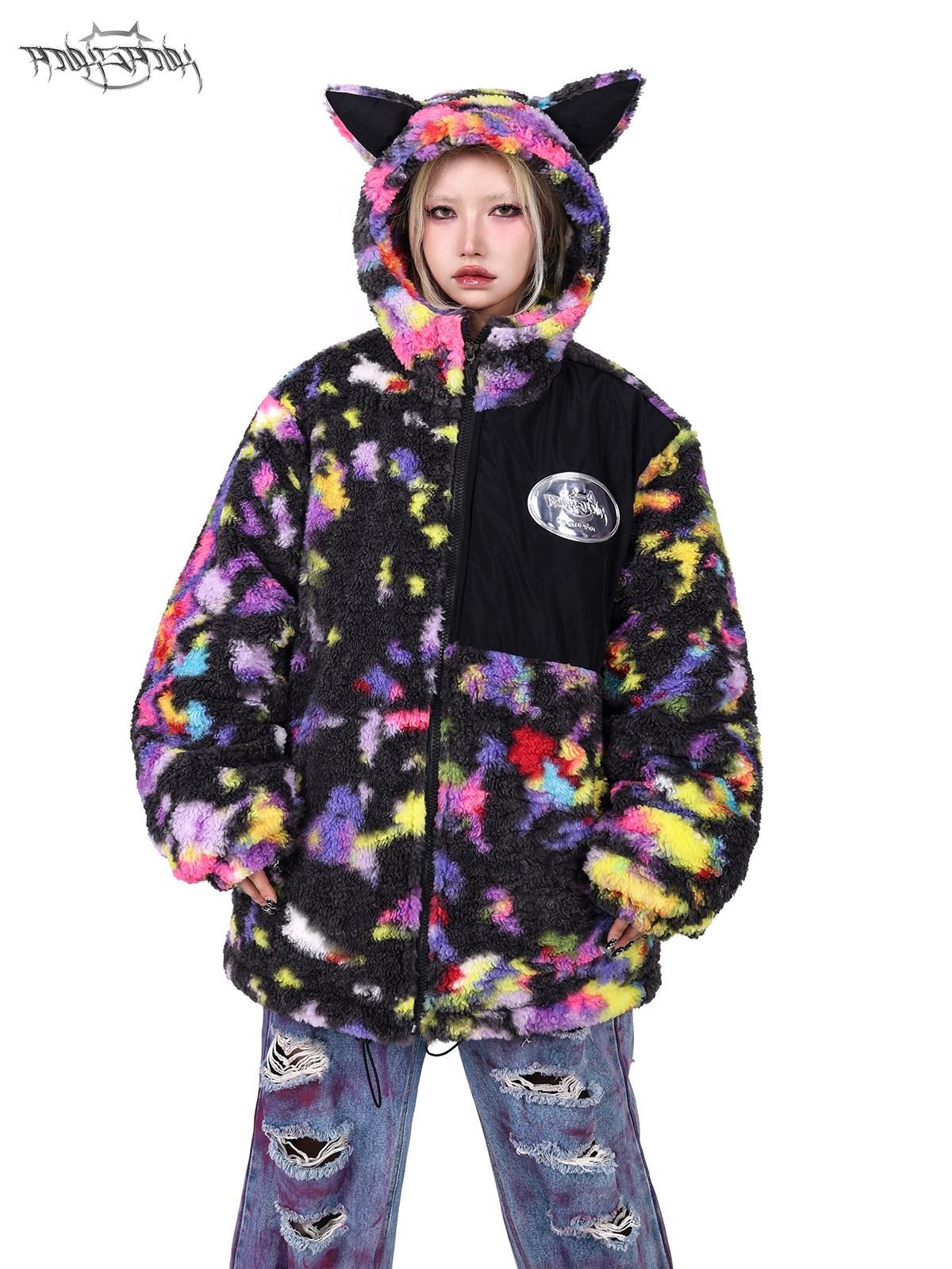 PINKSPINK Rainbow Cat Ear Hooded Abstract Oversized Women's Sherpa Puffer Jackets