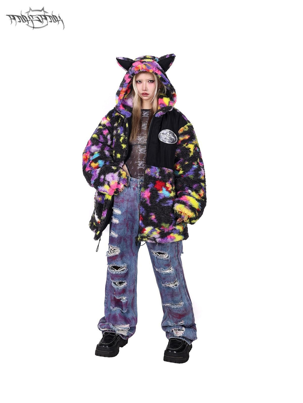 PINKSPINK Rainbow Cat Ear Hooded Abstract Oversized Women's Sherpa Puffer Jackets