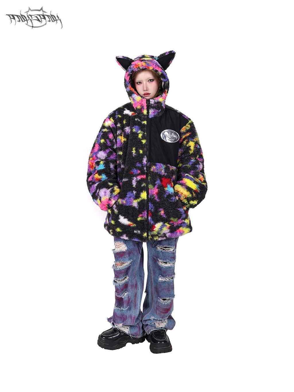 PINKSPINK Rainbow Cat Ear Hooded Abstract Oversized Women's Sherpa Puffer Jackets