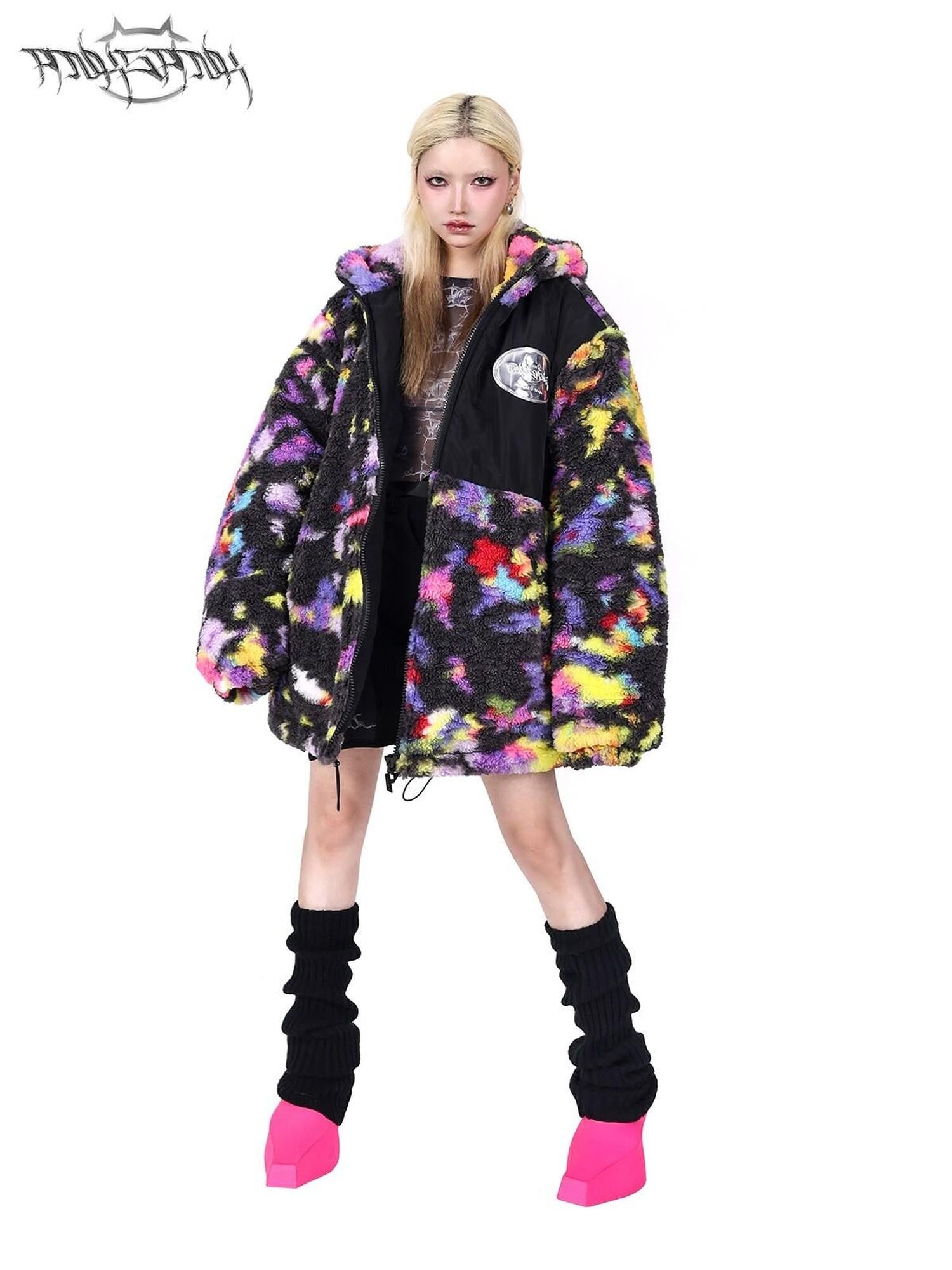 PINKSPINK Rainbow Cat Ear Hooded Abstract Oversized Women's Sherpa Puffer Jackets