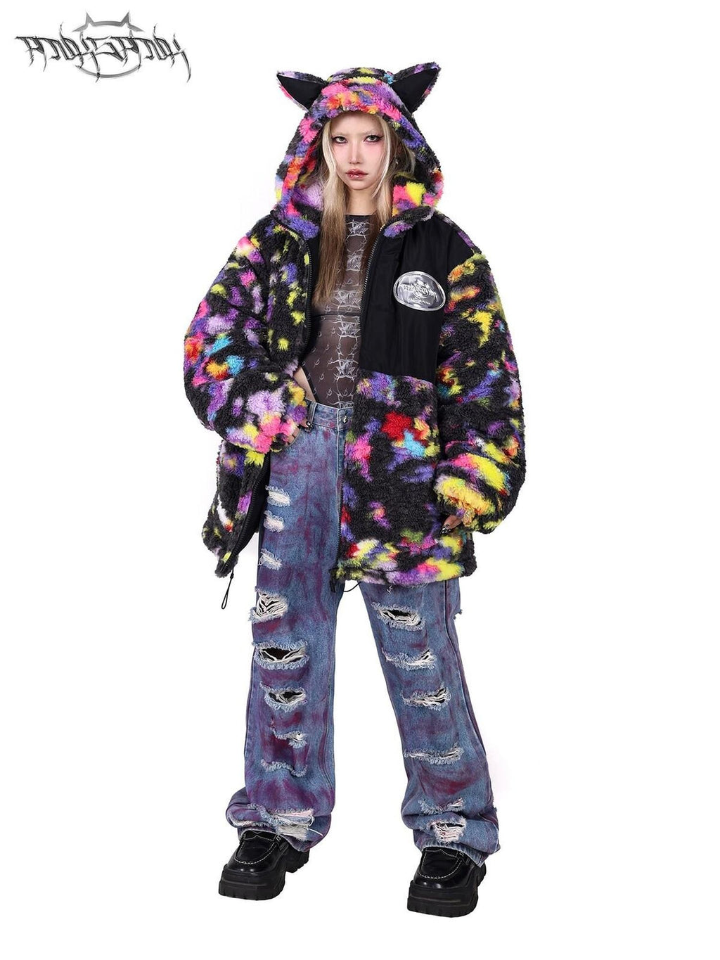PINKSPINK Rainbow Cat Ear Hooded Abstract Oversized Women's Sherpa Puffer Jackets