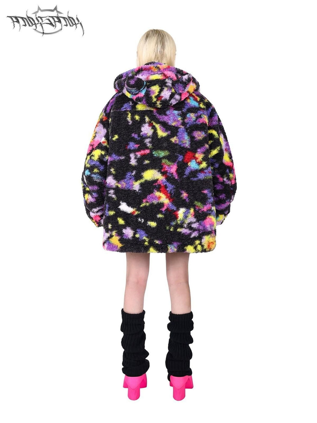 PINKSPINK Rainbow Cat Ear Hooded Abstract Oversized Women's Sherpa Puffer Jackets
