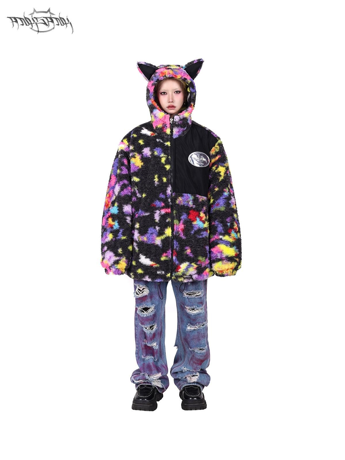 PINKSPINK Rainbow Cat Ear Hooded Abstract Oversized Women's Sherpa Puffer Jackets