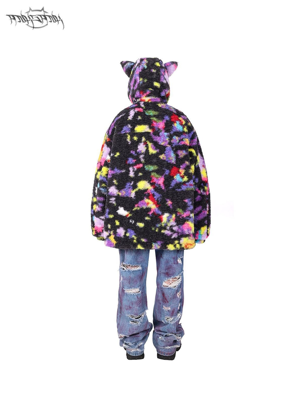 PINKSPINK Rainbow Cat Ear Hooded Abstract Oversized Women's Sherpa Puffer Jackets