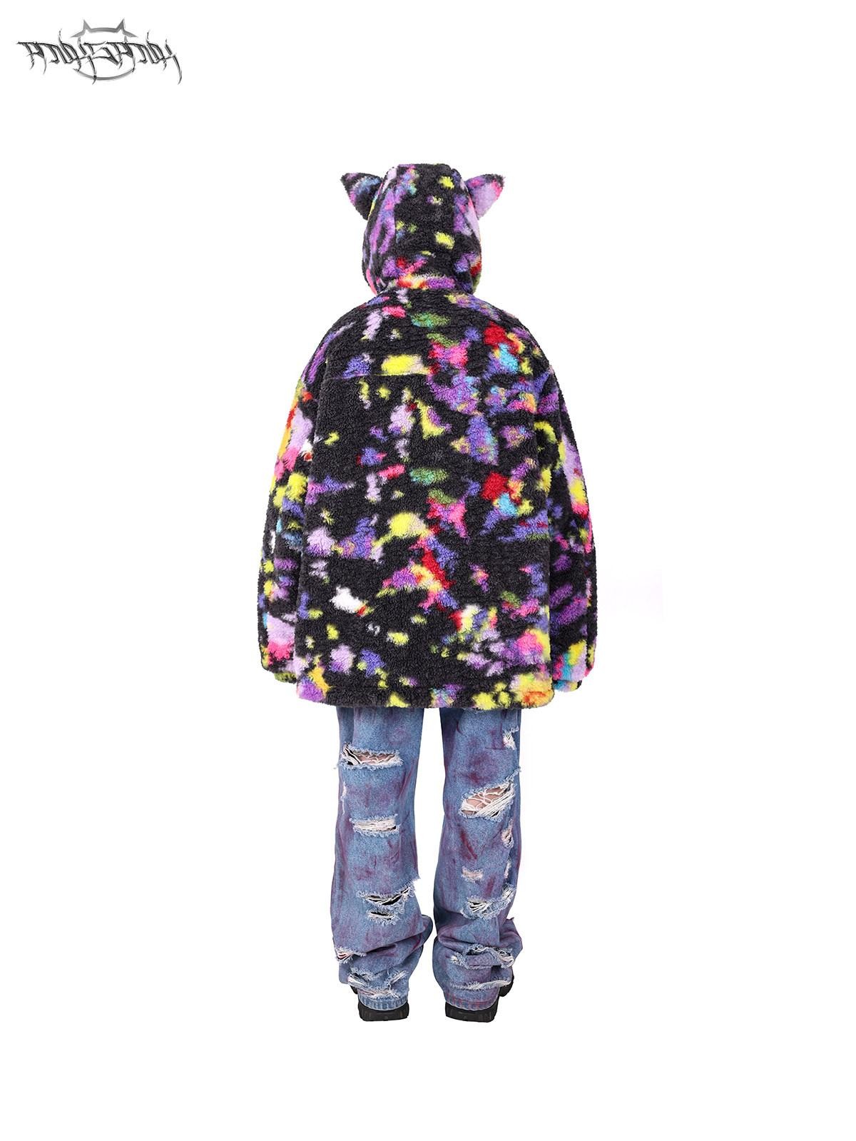 PINKSPINK Rainbow Cat Ear Hooded Abstract Oversized Women's Sherpa Puffer Jackets