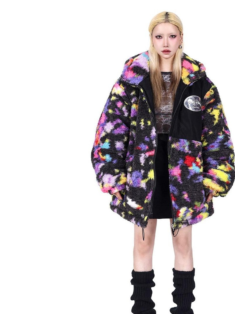 PINKSPINK Rainbow Cat Ear Hooded Abstract Zip Oversized Women's Sherpa Puffer Jackets