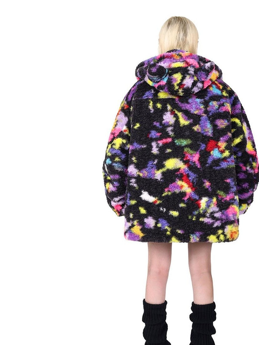 PINKSPINK Rainbow Cat Ear Hooded Abstract Zip Oversized Women's Sherpa Puffer Jackets