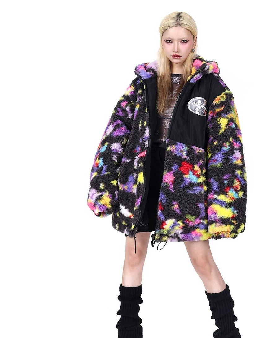 PINKSPINK Rainbow Cat Ear Hooded Abstract Zip Oversized Women's Sherpa Puffer Jackets