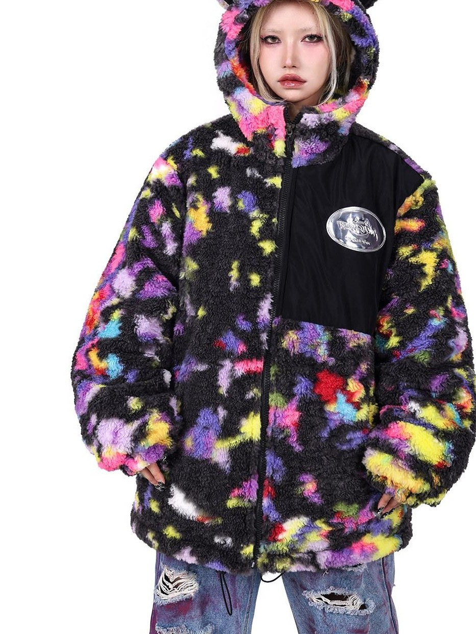 PINKSPINK Rainbow Cat Ear Hooded Abstract Zip Oversized Women's Sherpa Puffer Jackets
