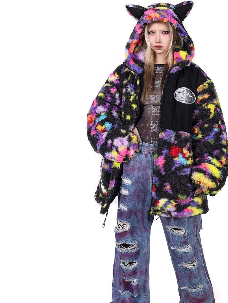 PINKSPINK Rainbow Cat Ear Hooded Abstract Zip Oversized Women's Sherpa Puffer Jackets