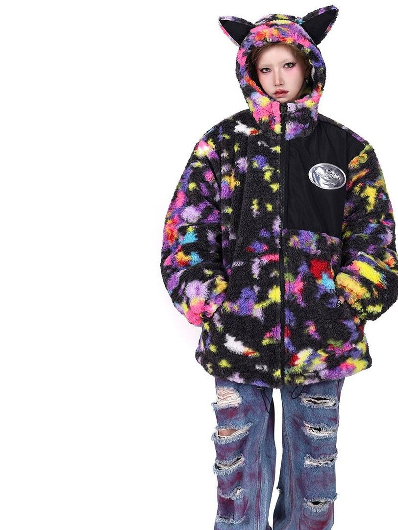 PINKSPINK Rainbow Cat Ear Hooded Abstract Zip Oversized Women's Sherpa Puffer Jackets