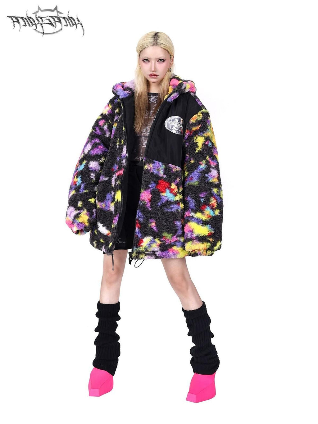 PINKSPINK Rainbow Cat Ear Hooded Abstract Zip Oversized Women's Sherpa Puffer Jackets