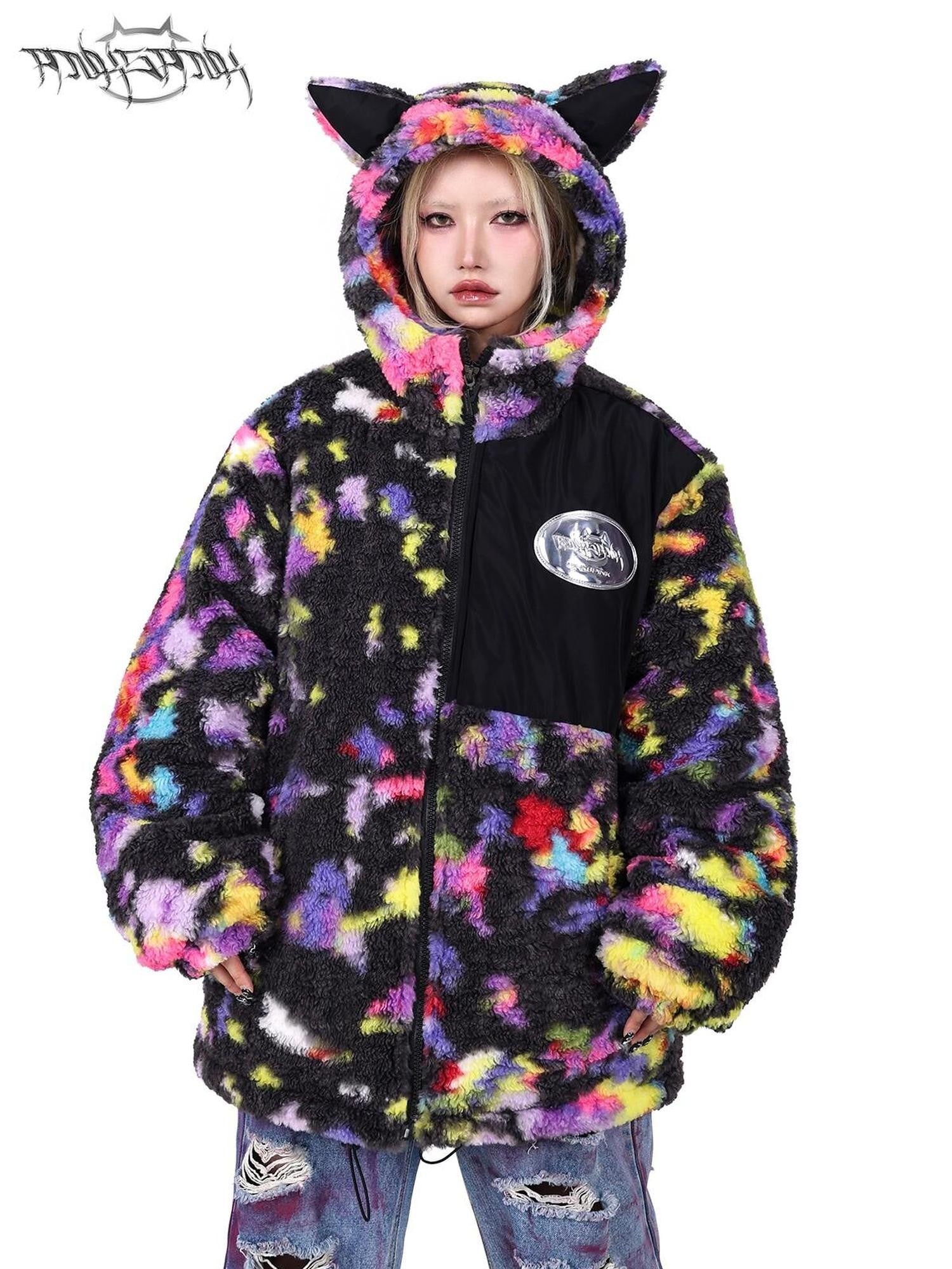 PINKSPINK Rainbow Cat Ear Hooded Abstract Zip Oversized Women's Sherpa Puffer Jackets