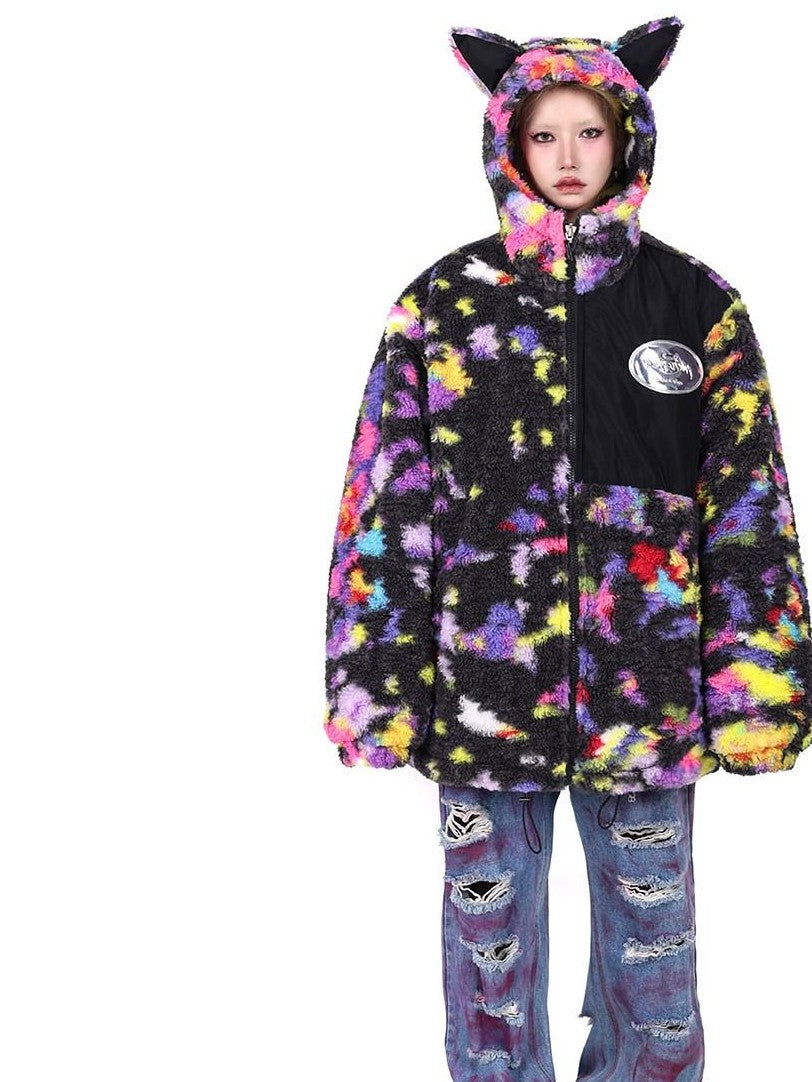 PINKSPINK Rainbow Cat Ear Hooded Abstract Zip Oversized Women's Sherpa Puffer Jackets