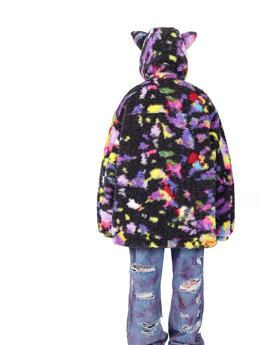 PINKSPINK Rainbow Cat Ear Hooded Abstract Zip Oversized Women's Sherpa Puffer Jackets