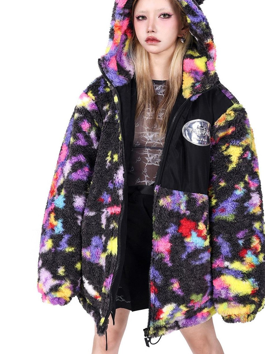 PINKSPINK Rainbow Cat Ear Hooded Abstract Zip Oversized Women's Sherpa Puffer Jackets