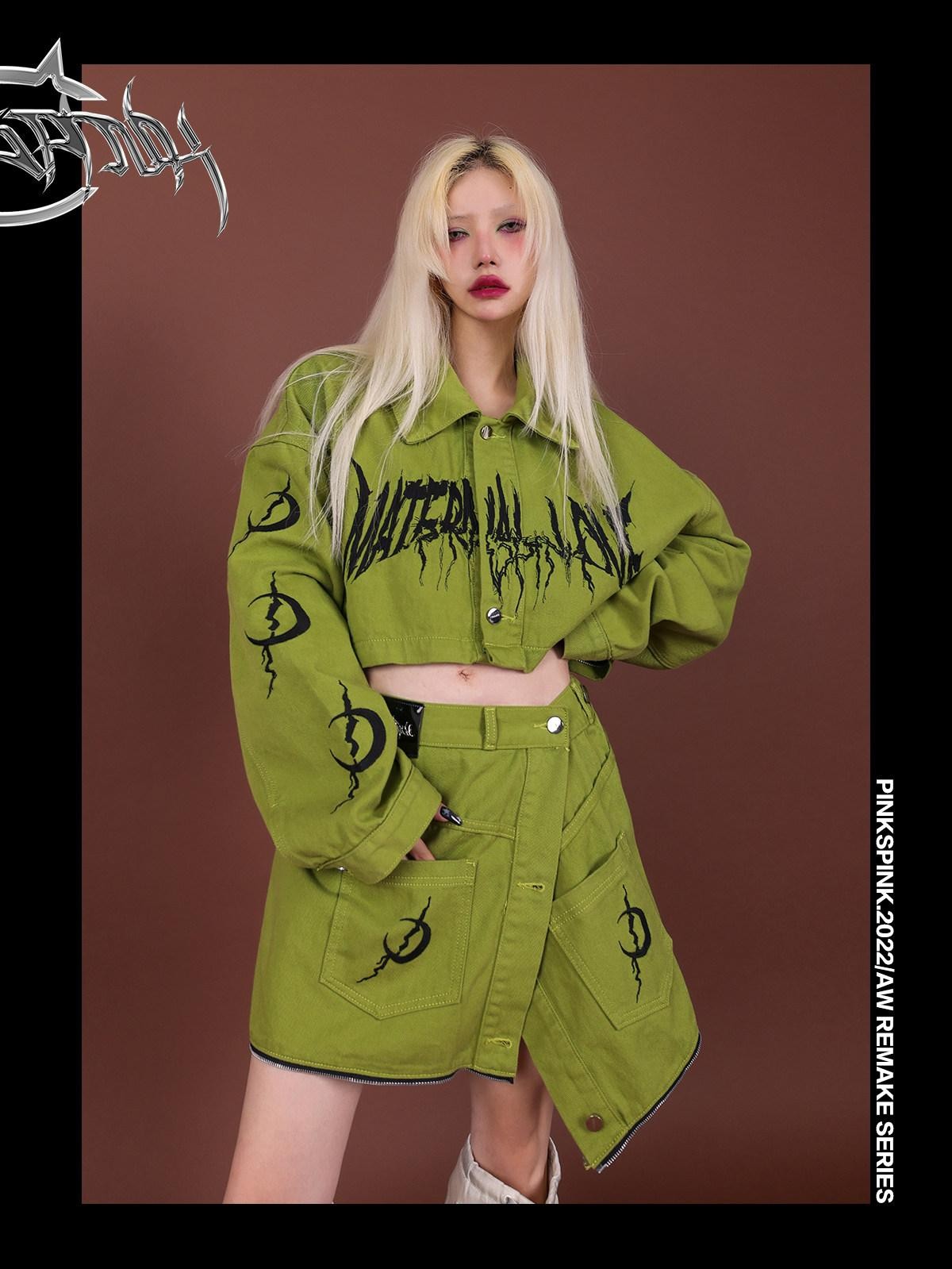 PINKSPINK Reconstructed Embroidered Polo Collar Convertible Women's Cotton Matching Skirt Sets