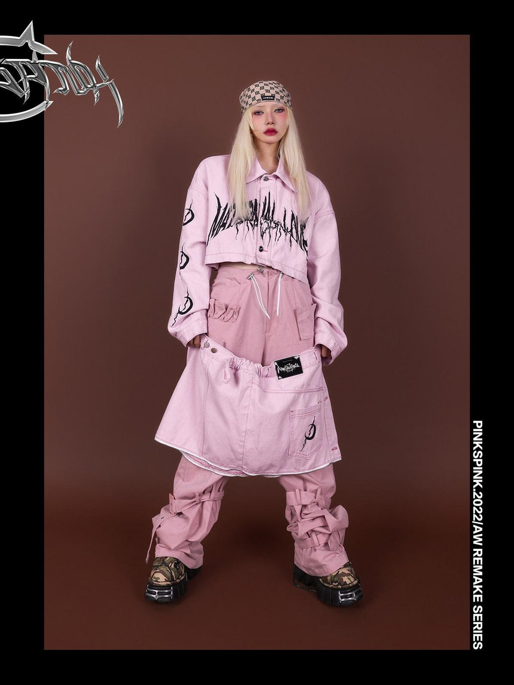 PINKSPINK Reconstructed Embroidered Polo Collar Convertible Women's Cotton Matching Skirt Sets